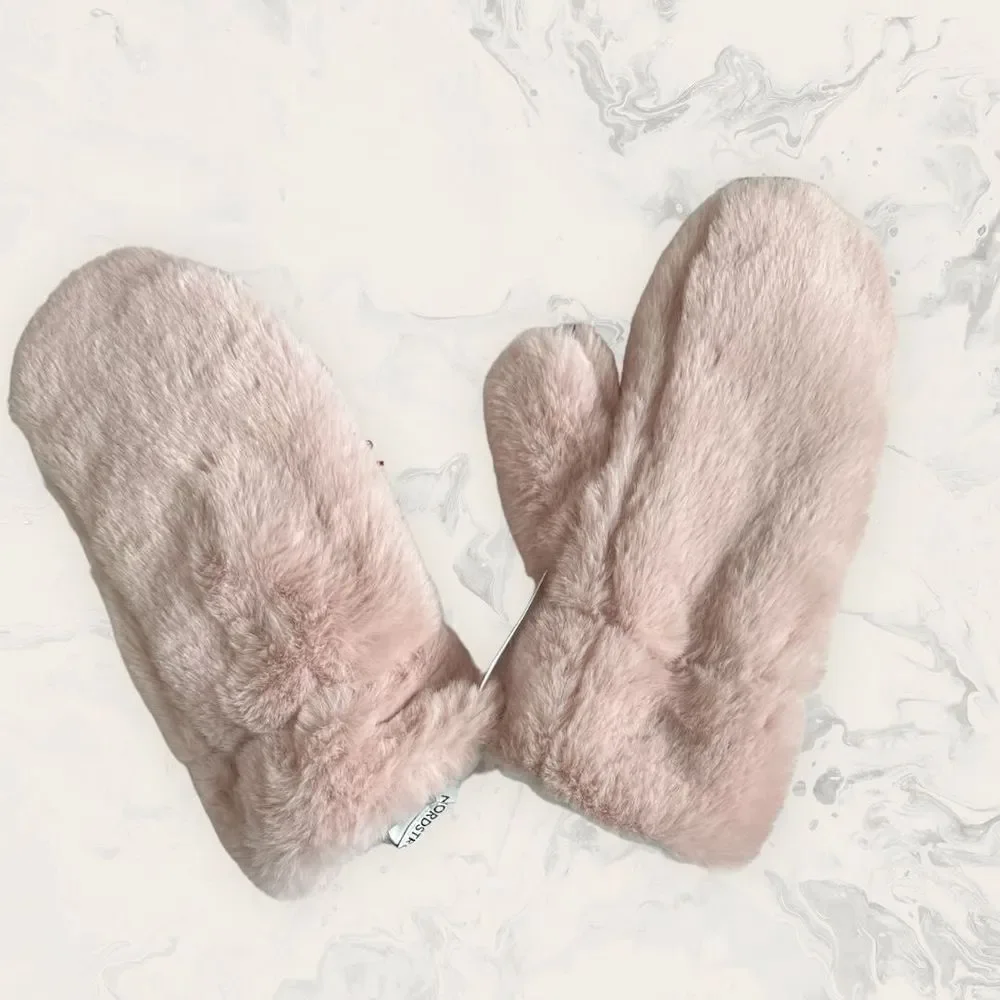 NWT Nordstrom Bundle of Pink Rose Faux Fur Mittens and Pink Knit Beanie - One Si